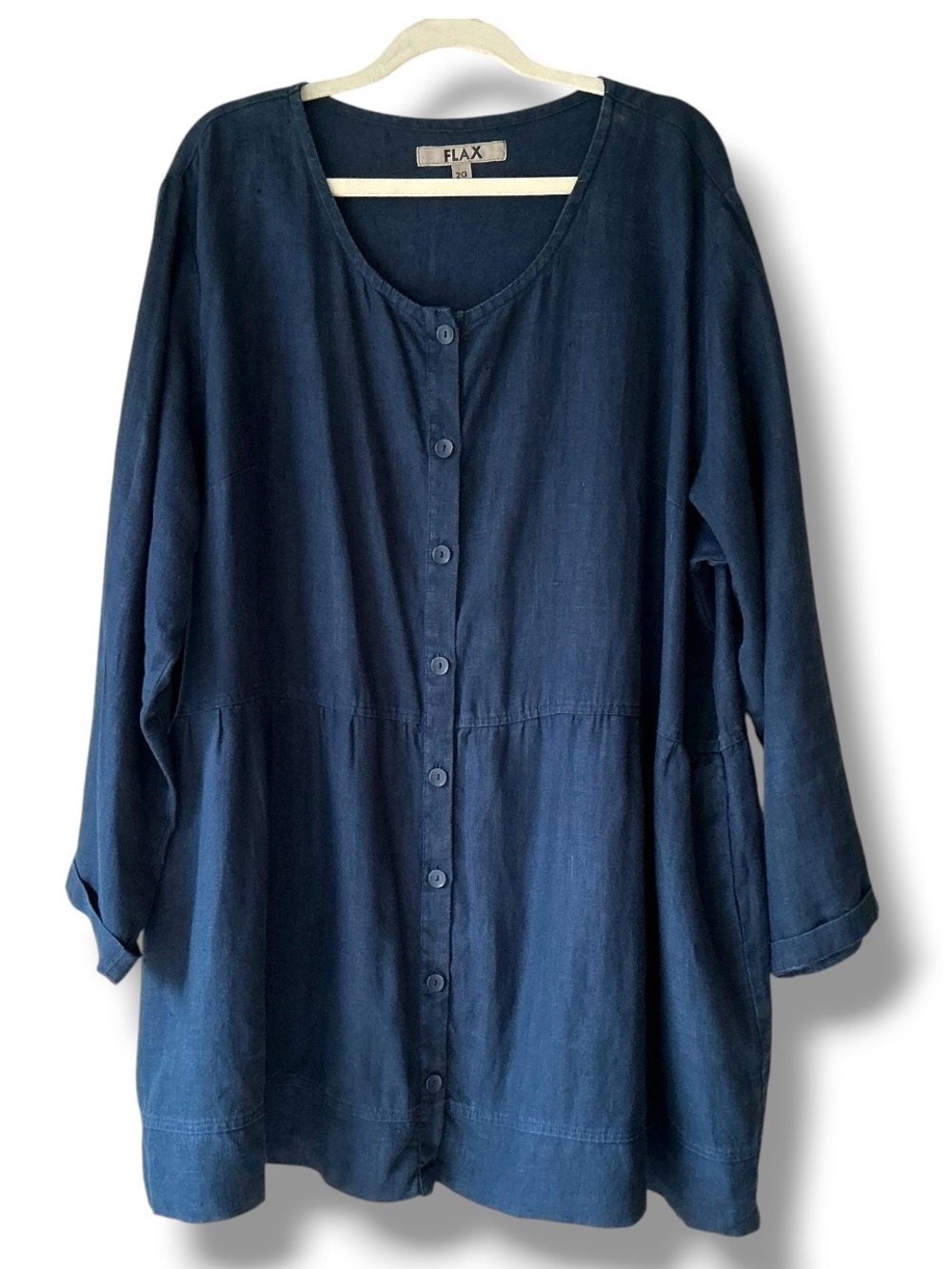 Flax Lagenlook Linen Button Down Tunic Top in Dark Blue Size 2G/US 3X (22-24)